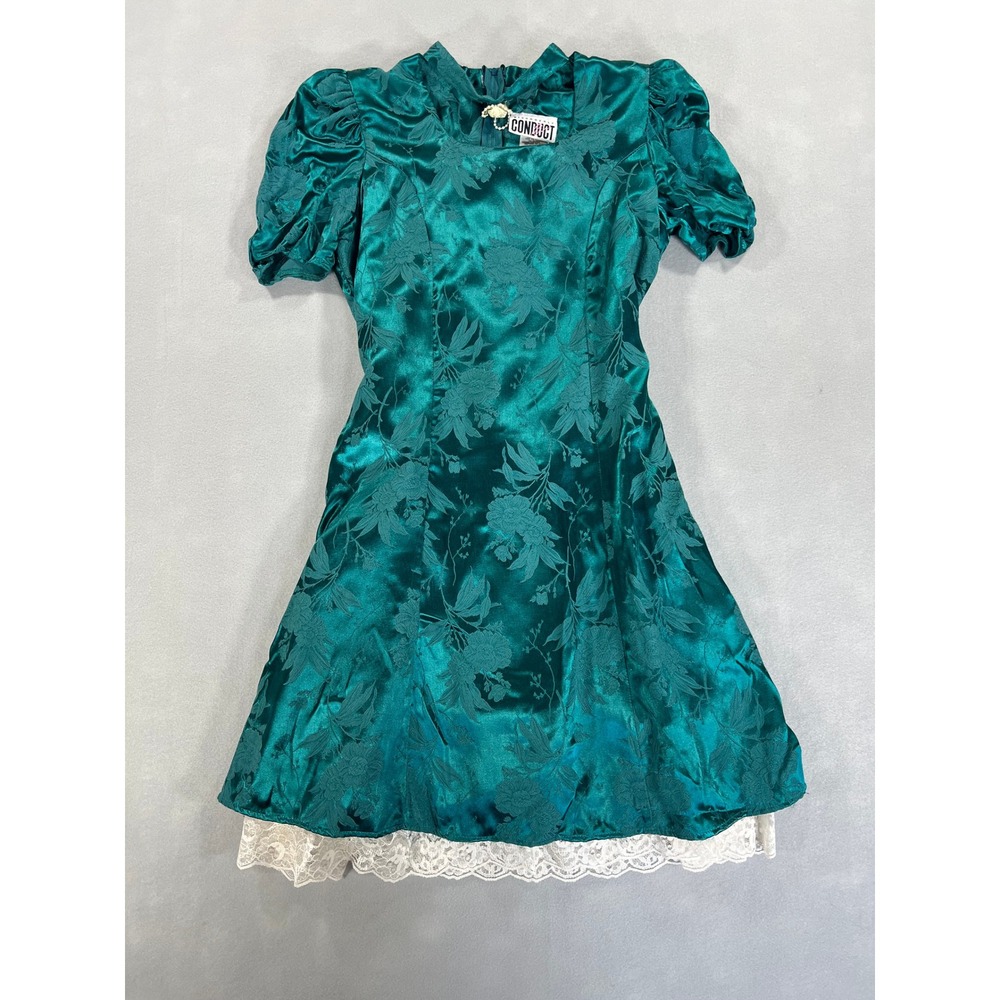 Vintage Disorderly Conduct Teal Brocade Dress 80s 90s Coquette Holiday Retro